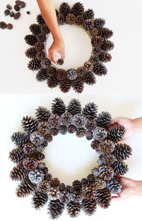 Easy & long lasting DIY pinecone wreath: beautiful as Thanksgiving & Christmas decorations & centerpieces. Great pine cone crafts for fall & winter! - A Piece of Rainbow, home decor ideas, christmas crafts, farmhouse style, wedding décor, crafts for kids, door decor Diy Pinecone Wreath, Julkransar Diy, Pine Cone Christmas Decorations, Couronne Diy, Diy Christmas Candy, Christmas Decorations Centerpiece, Christmas Pine Cones, Centerpiece Christmas, Diy Pinecone