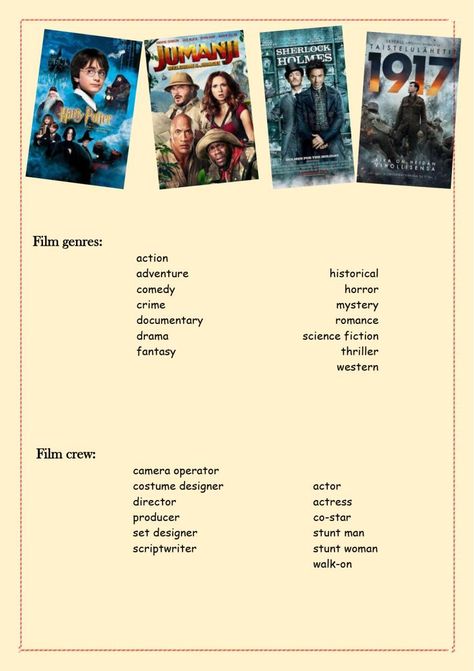 Film Genres List, Verbs And Adjectives, English Knowledge, Stunt Woman, Teaching Vocabulary, Films Movies, Picture Dictionary, Film Genres, Western Film