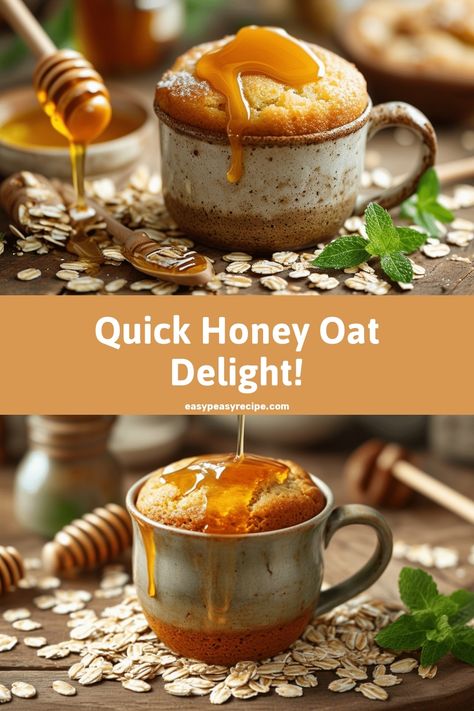 A cozy honey and oat mug cake drizzled with honey, surrounded by oats and a sprig of mint. Oat Flour Mug Cake, Honey Mug Cake, Oat Mug Cake, Weight Watcher Mug Cake, Healthy Mug Recipes, Mug Cake Healthy, Batch Recipes, Microwave Baking, Mug Cake Recipe