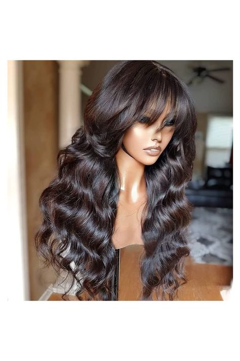 Human Hair Wigs With Bangs, Black Wigs, Full Lace Front Wigs, Textured Curly Hair, Corte Bob, Bob Lace Front Wigs, Cheap Hair Products, Wig With Bangs, Body Wave Wig