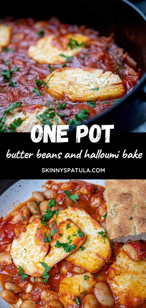 Buttermilk Recipes Dinner Vegetarian, Halloumi Bake Recipes, Meat Free Dinner Ideas, Baked Halloumi Recipes, Healthy Halloumi Recipes, Recipes With Butter Beans, Baked Butter Beans, Butter Bean Recipes, Halloumi Bake