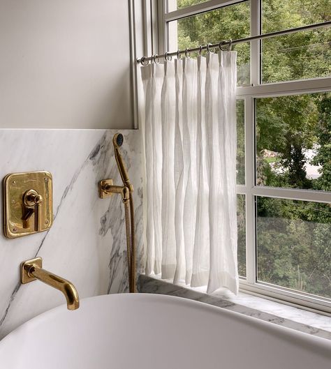 Powder Room Window, Amber Interiors Bathroom, Bathroom Window Coverings, W Design Collective, Half Window Curtains, Small Bathroom Window, Bathroom Window Curtains, Cafe Curtain Rods, Bathroom Window Treatments