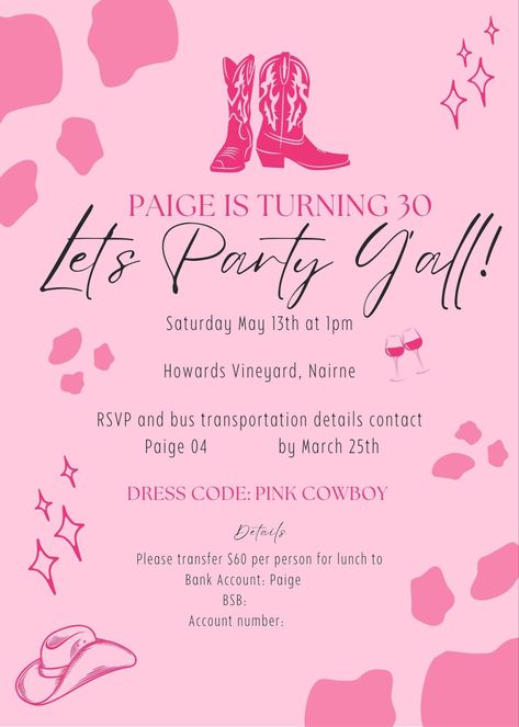 21st Birthday Invitations Cowgirl, Cowgirl Themed Birthday Party Invitations, Pink Cowgirl Party Invitation, Pink Cowboy Hat Aesthetic Party, Cowboy Pink Party, Western Pink Party, Cowgirl Birthday Invitations Template, Pink Cowgirl Invitations, Disco Cowgirl Birthday Party Invitations