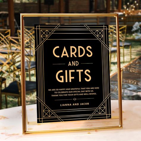 Cards and Gifts Black Gold Art Deco Wedding Sign Black Elegant Wedding Decor, Art Deco Wedding Reception Decor, Black Wedding Accents, Art Deco Wedding Sign, Black And Gold Wedding Decorations, Art Deco Wedding Decorations, Black And Gold Wedding Sign, Art Deco Wedding Table Names, Art Deco Wedding Ideas