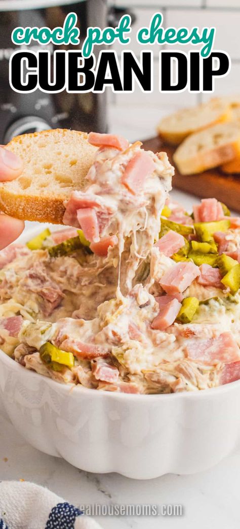 Enjoy a taste explosion of epic proportions! Crock Pot Cheesy Cuban Dip transforms a classic Cubano sandwich into the ultimate party food! #Realhousemoms #crockpot #cheesy #cubandip #cuban #appetizer #chips #gameday #sundayfunday #cubansandwich #partyfood #football Tailgate Food Crockpot, White Pizza Dip, Bbq Chicken Dip, Chip Dip Recipes, Cubano Sandwich, Crockpot Side Dishes, Crock Pot Dips, Crockpot Appetizers, Cajun Dishes