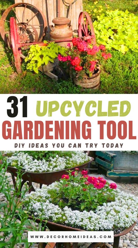 creative old gardening tool projects Old Garden Tools, Garden Tools Diy, Unique Garden Art, Fire Pit Landscaping, Upcycle Garden, Old Tools, Unique Gardens, Diy Holiday Decor, Gardening Tools