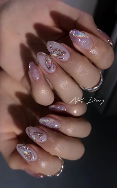 Nail Jelly Polish Design, Nail Birthday Design, Pastel Gel Nail Designs, Translucent Nails Design, Nails Acrylic Ideas Pink, Pink Manicure Designs, Cute Dainty Nails, Nail Art Glitter Designs, French Tip Nail Designs Almond