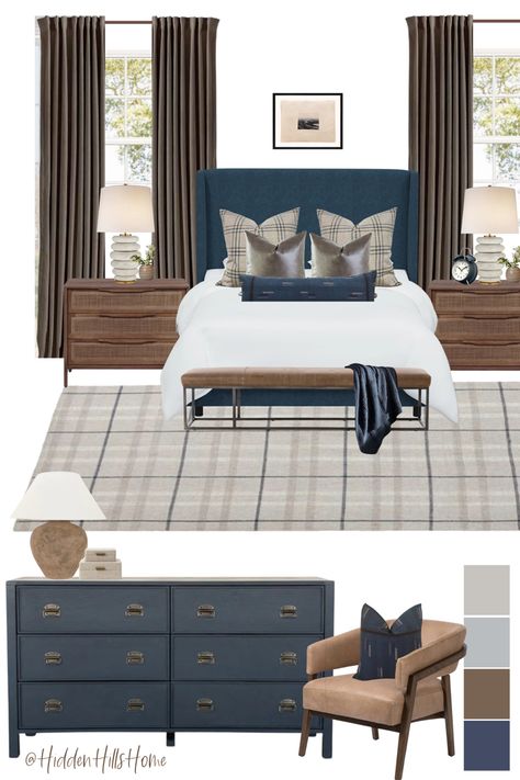 Masculine bedroom decor mood board with navy blue and brown tones! Bachelor pad bedroom decor ideas Coastal Masculine Bedroom, Navy And Brown Bedroom, Bachelor Pad Bedroom, Masculine Bedroom Decor, Bachelor Bedroom, Masculine Bedroom, Teen Boy Bedroom, Transitional Bedroom, Traditional Bedroom