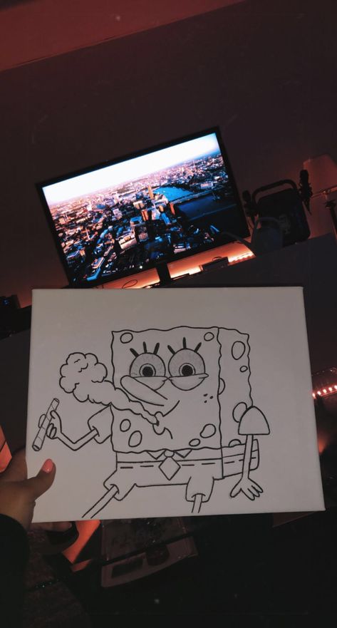 High Spongebob Drawing, Spongebob High Painting Canvases, Spongebob High Painting, Spongebob High Drawing, Funny Painting Idea, Hippie Drawing, Paint Board, Spongebob Drawings, Spongebob Painting