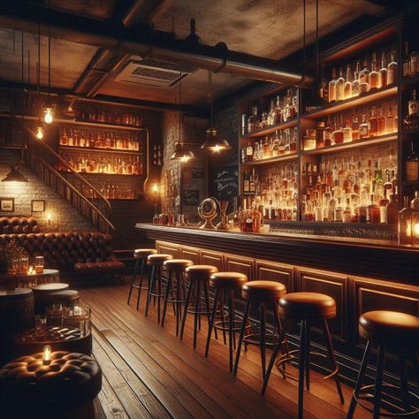 Basement With Bar Cozy Home Bar Lounge, Copper Bar Design, Basement Speakeasy Ideas, Basement Wine Bar, Moody Basement Ideas, Moody Basement Bar, Basement With Bar, Basement Bars, Bar Nook