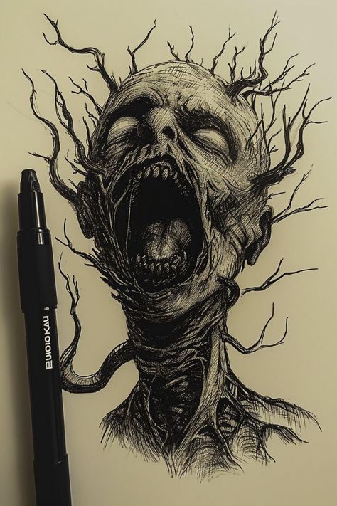 Art Sketches Creepy, Horror Pen Drawing, Gothic Art Style Drawing, Suffering Artwork Easy, Creepy Pen Art, Creepy Sketches Scary, Art Sketches Dark, Creepy Girl Drawing, Dark Horror Drawings