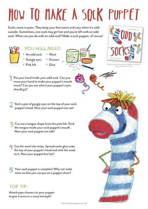 Make a Sock Puppet - from ODD SOCKS, Michelle Robinson & Rebecca Ashdown, Andersen Press 2016 Odd Socks Day, Nanny Crafts, Michelle Robinson, Clothing Study, Reading Week, Odd Socks, Sock Puppet, Classroom Lesson Plans, Silly Socks