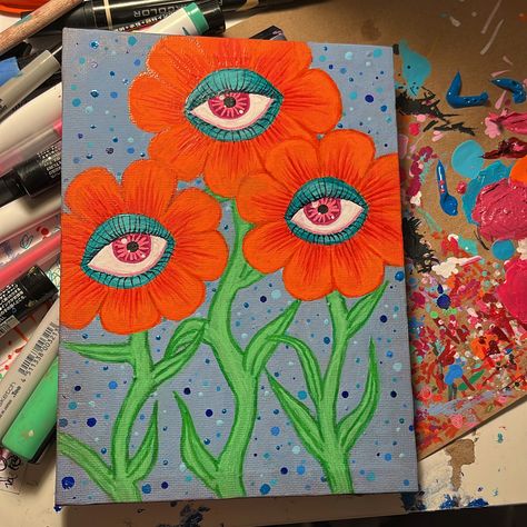 Third Eye Drawing Simple, Eyeball Art Weird, Eye Flower Painting, Trippy Eye Painting, Trippy Art Painting, Third Eye Painting, Flower With Eye, Flowers With Eyes, Trippy Painting Ideas Simple