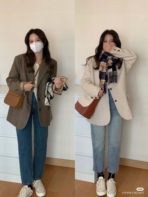 Gypsycore Fashion, Korean Autumn Outfit, Winter 2023 Fashion Trends, Fashion 2023 Winter, New York Winter Fashion, Plaid Blazer Outfit, Winter Outfits Korean, Outfit Ideas For School, 2023 Fashion Trends