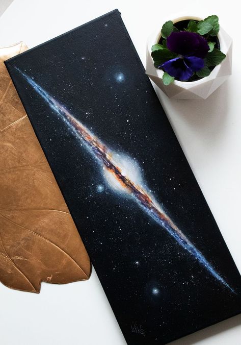 his painting is a representation of a galaxy named Needle galaxy. Stars in acrylic on canvas. Large Canvas Galaxy Painting, Physics Painting Ideas, Astronomy Art Painting, Stars Painting Aesthetic, Paintings Of Space, Space Themed Painting, Galaxy Art Drawing, Star Painting Ideas, Galaxy Painting Easy