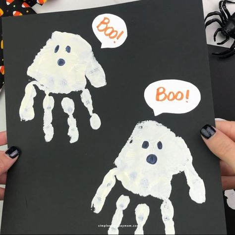 Handprint Ghost Art | blog, ghost | 👻 Ghost Handprint Art 👀 See the details on the blog | By Fun Crafts For Kids | Facebook Handprint Ghost, Halloween Crafts For Toddlers, Ghost Art, The Whoot, Footprint Art, Daycare Crafts, Toddler Halloween, Halloween Crafts For Kids, Handprint Art