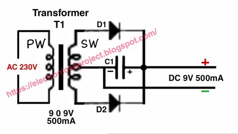 Ac 230v to DC 9v converter circuit diagram Electronics Project, Circuit Diagram, Electronics Projects, Circuit, Electronics