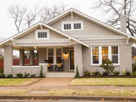 A 1937 Craftsman Home Gets a Makeover, Fixer-Upper Style | HGTV's Fixer Upper With Chip and Joanna Gaines | HGTV Painted Brick House, Hgtv Fixer Upper, Bungalow Style House, Gray House, Craftsman Bungalow, Bungalow Exterior, Craftsman Exterior, Bungalow Homes, Fixer Upper Style