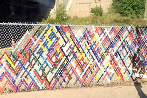 Fence mural, fence art, painted fence, garden art, chain link fence Chain Link Fence Ideas Decor, Fence Tape Art, Decorating Chain Link Fence Ideas, Chain Link Fence Ideas Cover Up Diy, Painted Fence Panels, Wire Fence Decorating Ideas, Decorate A Chain Link Fence, Chain Link Fence Ideas Cover Up, Plywood Fence