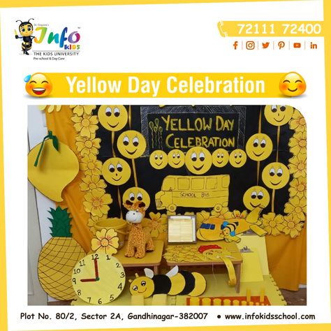 The Pre-School students of InfoKids, celebrated Yellow Day on 31st August 2020, with fun and enthusiasm virtually. All the children and their teachers were dressed colorfully to celebrate their color day. #yellowday #InfoKidsSchool #admission #preschool #kids #education Yellow Color Day Celebration In School, Yellow Color Crafts For Preschool, Yellow Day Craft Ideas, Yellow Day Celebration In School, Yellow Day Board Decoration In Preschool, Yellow Day Decoration Ideas For School, Colours Day Decoration In School, Yellow Colour Craft For Preschoolers, Colours Day Celebration In Preschool