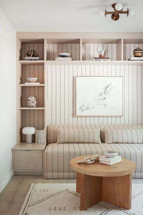 Minimalist Office Design, Shallow Cabinets, Oak Bookshelves, Woven Wood Shades, California Closets, Office Guest Room, House Aesthetic, Minimalist Office, Bookshelf Design