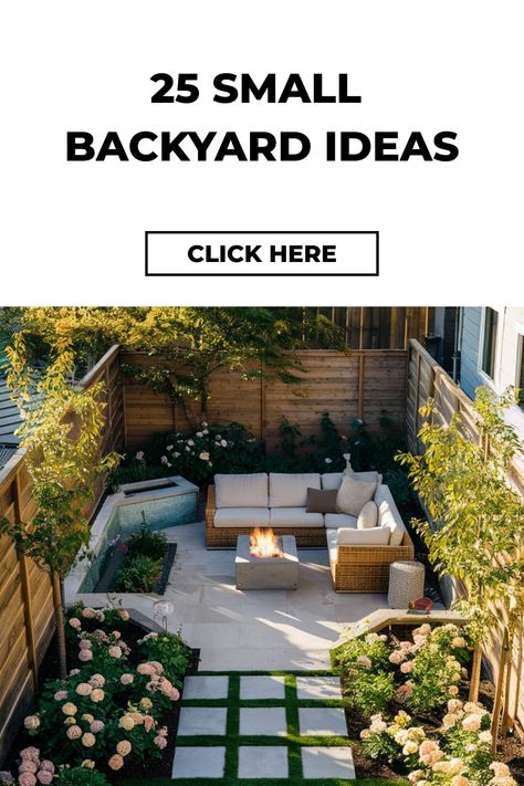 Small backyard with cozy seating area, fire pit, and lush landscaping. Text: "25 Small Backyard Ideas. Click Here." Small Backyard Aesthetic, Small Backyard Landscaping On A Budget Simple Outdoor Spaces, Small Backyard Design On A Budget, Small Back Patio Ideas Budget, Small Backyard Patio Designs Budget, Small Garden Design Ideas Budget, Small Backyard Decor Ideas, Small Backyard Decorating Ideas, Small Backyard Decor