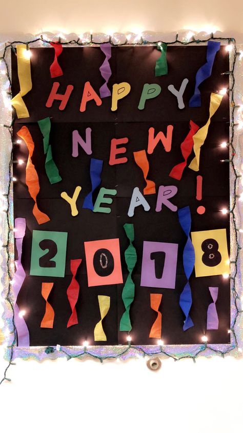 Happy New Year Board Decoration Ideas For School, Happy New Year Chart Ideas For School, Happy New Year Classroom Door Ideas, Happy New Year Door Decorations, New Year Door Decorations Classroom, New Year Bulletin Boards For School, New Years Bulletin Board Ideas Preschool, New Years Door Decorations Classroom, Happy New Year Bulletin Boards