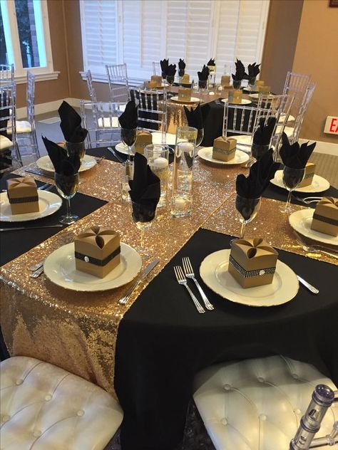 Black And Gold Decorations, Adult Prom, Black And Gold Party Decorations, Graduation Dinner, Gold Decorations, Gold Party Decorations, Great Gatsby Party, 70th Birthday Parties, 50th Party