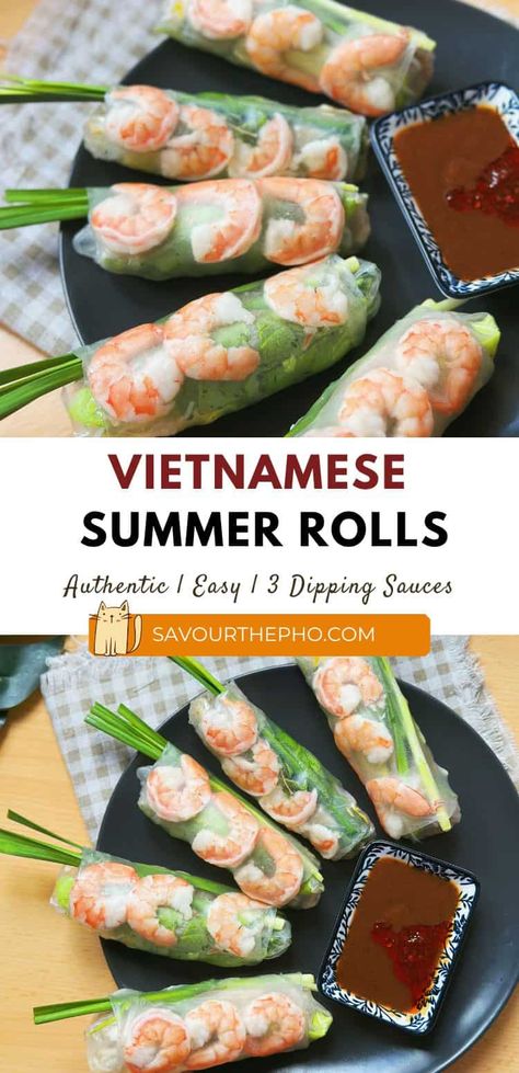 Fresh spring rolls / Summer Rolls (Gỏi cuốn) are a must-try for fans of Vietnamese cuisine. Pairing with 3 Vietnamese style dipping sauces, these deliciously light and refreshing rolls are very easy to make. Perfect as an appetizer or as a light meal! Goi Cuon Recipe, Fresh Spring Rolls Recipe, Goi Cuon, Vietnamese Fresh Spring Rolls, Spring Rolls With Peanut Sauce, Vietnamese Shrimp, Pork Spring Rolls, Vietnamese Summer Rolls, Vietnamese Style