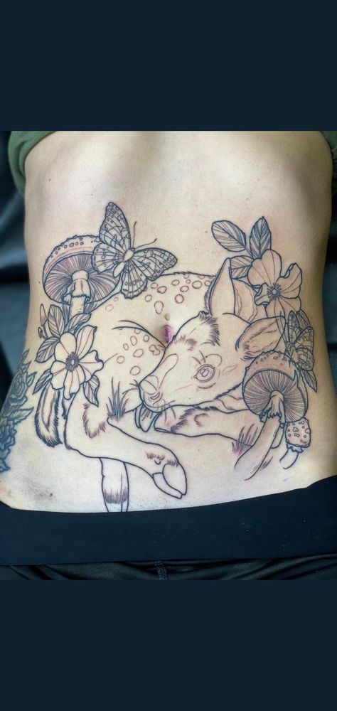 Deer Stomach Tattoo, Woodland Back Tattoo, Plus Size Tummy Tattoo, Heart Stomach Tattoo, Nature Stomach Tattoos, Fairy Stomach Tattoo, Neotraditional Stomach Tattoo, Cottagecore Chest Tattoo, Stomach Tattoo Plus Size