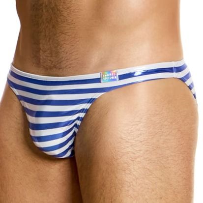 Laminated Low Cut Swim Briefs - Blue - White Stripe Trunks Briefs, Swimwear For Men, Striped Swimwear, Swimming Trunks, Men's Briefs, Workout Tips, Swim Brief, Gym Workout Tips, Mens Swim Trunks