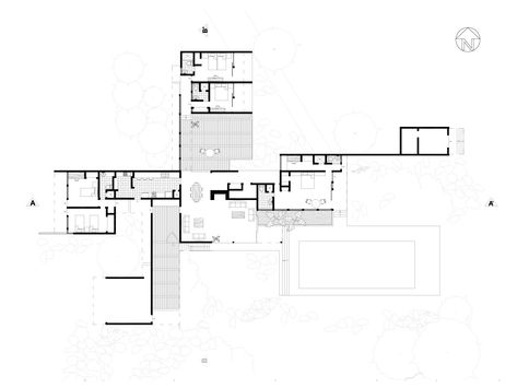 ORGANIZACIÓN RADIAL 2 (PLANTA) - PROYECTO: Casa Kaufmann  - AUTOR: Richard Neutra - UBICACIÓN: desierto de Palm Springs, California, Estados Unidos. - FECHA: 1946-1947. - TIPOLOGÍA: vivienda Kaufmann House Richard Neutra, Richard Neutra House, Neutra House, Kaufmann House, Large Floor Plans, Desert House, Richard Neutra, Layout Architecture, Design Exterior