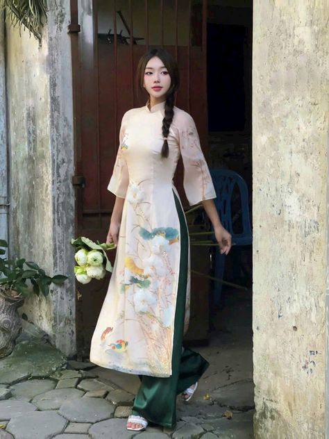 🌿 This set includes traditional Ao Dai, No pants. Style: Traditional Material: Very well made with high-quality silk- IN và kết hoa Collar: traditional collar Please provide bust-waist-and hip measurements when placing your order to ensure the best fit for you. 🌿 NOTE: * Recommend gentle washing * Please contact us for any inquiries about size. We don't have an exchange policy for the wrong size * It is safe for a washer and dryer in a "delicate" setting. * Actual Ao Dai colors may differ up to 10% due to lightning and viewing devices. * These ao dai pants are made based on Vietnamese size; they will run smaller than American size. *3D printed ao dai: you may see some white broken fabric around the seam (collar). *There might be some chalk/ pen writings on the fabric because it is brand Vietnamese Womens Fashion, Vietnamese Ao Dai Traditional Dresses, Ao Dai Pattern, Vietnamese Dress Ao Dai Modern, Spring Floral Embroidery Ao Dai, Spring Ao Dai With Floral Embroidery, Ao Dai White, Spring Wedding Floor-length Ao Dai, Festive Full-length Fitted Ao Dai