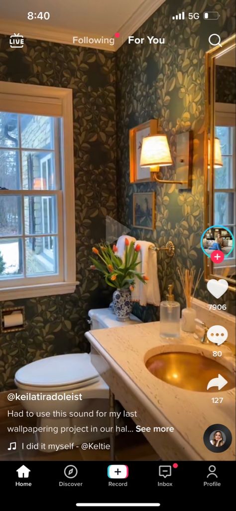 Dark Grand Millennial Decor, Academia Bathroom Aesthetic, Dark Cottage Core Bathroom, Cottage Core Bathrooms, Grand Millennial Bathroom, Bathroom Gold Accents, Green Wallpaper Bathroom, Maximalism Bathroom, Dark Cottage Core Bedroom