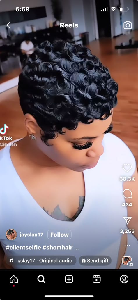 Short Pin Curls For Black Women, Betty Boop Hairstyle Black Women, Betty Boop Curls On Short Hair, Flip Over Quick Weave Curly Short, Pin Curl Pixie Cut Black Women, Pixie Pin Curls, Pin Curls For Black Women, Pixie Curls Wig, Short Curly Pixie Cut Lace Wig