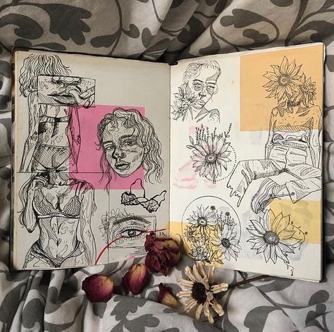 art journals on Instagram: “🌻 artist: @bleakentity @bleakentity @bleakentity 🌻 • • • 📌follow and tag this account to be reposted! • • • #art #artjournal #artjournalism…” Illustration Design Graphique, Sketchbook Layout, Gcse Art Sketchbook, Sketchbook Art Journal, Art Diary, Arte Sketchbook, Arte Inspo, A Level Art, Sketchbook Inspiration