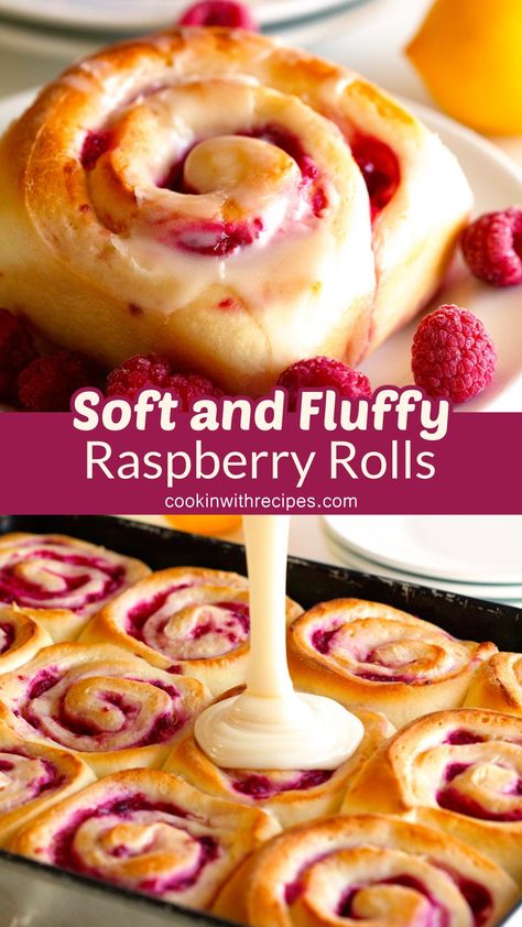 Soft and Fluffy Raspberry Rolls Recipe - Super soft and fluffy sweet rolls filled with cream cheese and juicy raspberries. Topping these beautiful rolls with an easy glaze sets them right over the top. You won’t believe how easy it is to make these from scratch! Cinnamon Rolls Raspberry, Jam Rolls Recipe, Berry Rolls Recipe, Raspberry Rolls Easy, Raspberry Sweet Rolls Recipe, Raspberry Cheesecake Rolls, Raspberry Cream Cheese Rolls, Raspberry Rolls Recipe, Raspberry Danish Recipe