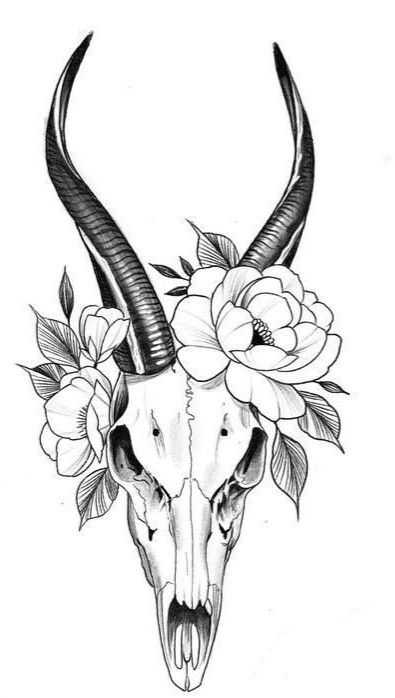 Capricorn Skull Tattoo, Goat Skull Tattoo Design, Goat Tattoo Design, Wolf Skull Tattoo, Goat Skull Tattoo, Goat Tattoos, Skull Thigh Tattoos, Word Tattoo Ideas, Headdress Tattoo