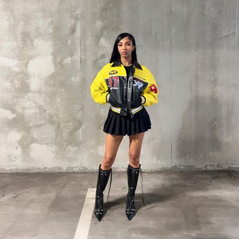 Varsity Jacket Outfit Birthday, Biker Jacket And Skirt Outfit, Baddie Varsity Jacket Outfit, Letterman Jacket Outfit Skirt, Varsity Jacket And Skirt Outfit, Letter Man Jacket Outfits Black Women, Outfits With Letterman Jackets, Leather Varsity Jacket Outfit, Varsity Jacket With Dress