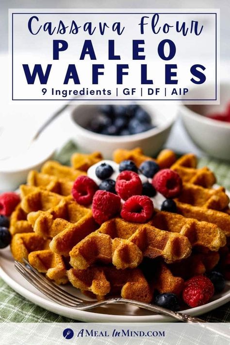 Paleo Cassava Flour Waffles Cassava Flour Waffles, Paleo Sweet Potato Breakfast, Coconut Milk Pancakes, Paleo Waffles, Grain Free Breakfast, Savory Waffles, Gluten Free Waffles, Waffle Recipe, Cassava Flour