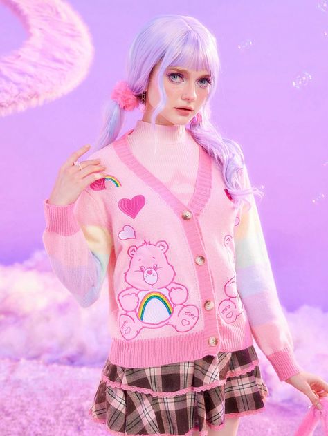 ROMWE X Care Bears Bear & Heart Embroidered Button Front CardiganI discovered amazing products on SHEIN.com, come check them out! Kawaii Sweaters, Kidcore Fashion, Decora Fashion, Shein Clothes, Kawaii Sweater, Outfit Cardigan, Áo Len Cardigan, Printed Polo Shirts, Button Front Cardigan