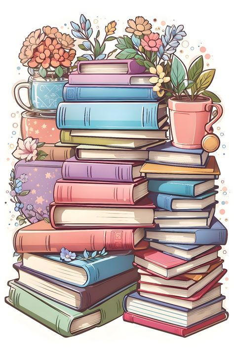 Bookshelf Art Drawing, Bookish Paintings, Stacks Of Books Aesthetic, Book Lover Aesthetic Wallpaper, Book Stack Illustration, Reading Journal Aesthetic, Reading Journal Stickers, Readers Aesthetic, Library Stickers