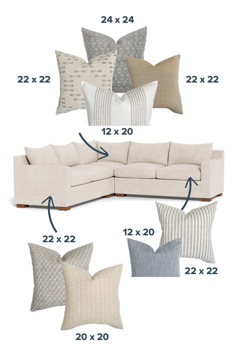 How To Put Pillows On A Sectional Couch, Pillows L Shaped Couch, L Shape Couch Pillow Styling, Pillow Arrangement On Sectional Couch, Gray Sectional Throw Pillow Ideas, L Shaped Sofa Pillows, L Sofa Pillow Arrangement, Pillow Layout Sectional, Throw Pillow On Sectional