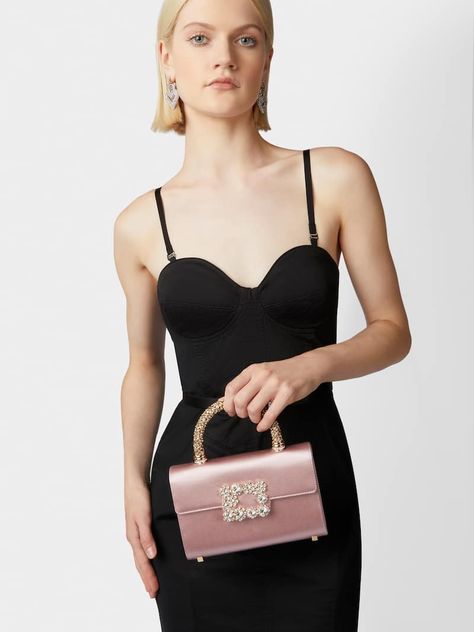 Flower Strass Jewel Buckle Clutch Bag Mini in Satin Pink Woman RBWAMFC0100RS0PZM401 | Roger Vivier Evening Accessories, Satin Bags, Satin Color, Roger Vivier, White Ribbon, Metal Chain, The Collection, Mini Bag, Clutch Bag