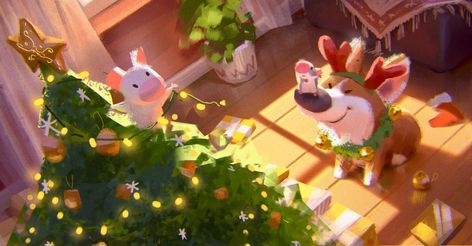 ArtStation - Almost there, Lynn Chen Christmas Illust, Pixar Christmas, Lynn Chen, Bubble Christmas, Puppy Art, Winter Illustration, Anime Christmas, Background Drawing, Almost There