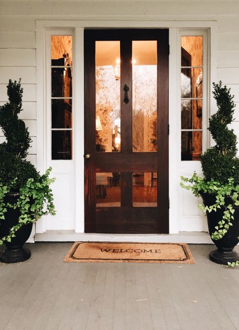 Screen Door with Knocker | Content in a Cottage Interior Doors Stained, Dark Front Door, Farmhouse Interior Doors, Wood Storm Doors, Glass Storm Doors, Door Table, Storm Doors, Farmhouse Front Door, Front Door Ideas