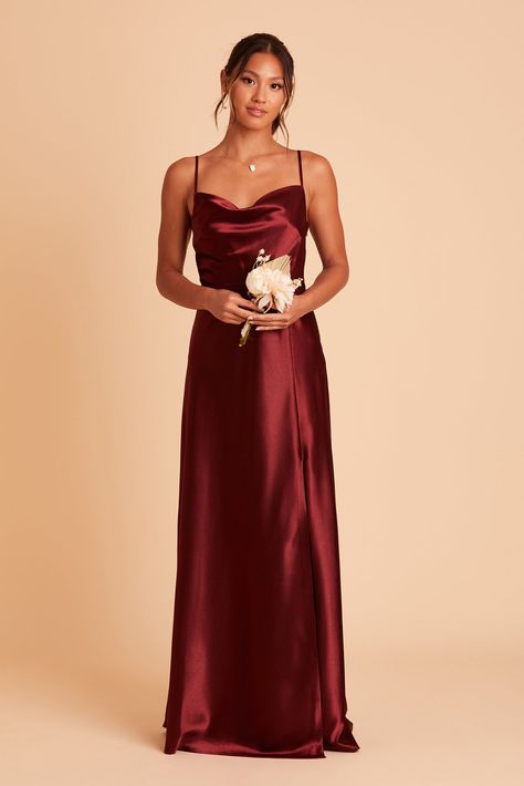 Lisa Long Satin Bridesmaid Dress in Cabernet | Birdy Grey Satin Bridesmaid Dress, Birdy Grey, Bridesmaid Dressing Gowns, Red Bridesmaids, Satin Dress Long, Red Bridesmaid Dresses, Burgundy Bridesmaid Dresses, Bridesmaid Dress Colors, Satin Bridesmaid Dresses