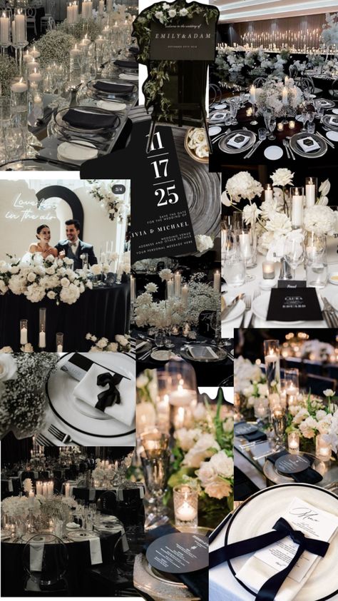 Black Wedding Mood Board, Black Silver White Wedding, Couples Table Wedding Receptions, 007 Wedding Theme, Black And White Small Wedding, Old Money Wedding Table, Mobster Wedding Ideas, Black And White Wedding Black People, Old Money Wedding Table Decor