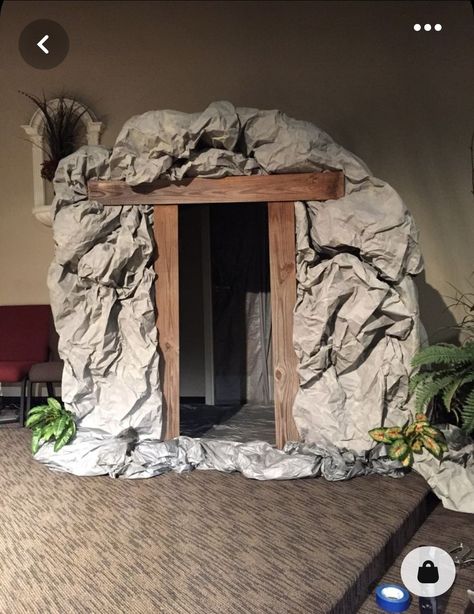 Easter Tomb Decorations, Resurrection Decorations Church, How To Make A Tomb For Easter Play, Easter Scene Ideas, Resurrection Sunday Backdrop, Diy Tomb For Easter Play, Garden Of Gethsemane Decorations, Resurrection Day Decorations, Jesus Tomb Craft