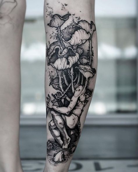 Surrealistic Tattoo Sleeve, Mushroom Sleeve, Types Of Tattoo Styles, Forest Tattoo Sleeve, Inking Art, Witchcraft Tattoos, Lower Leg Tattoos, Cuff Tattoo, Nature Tattoo Sleeve